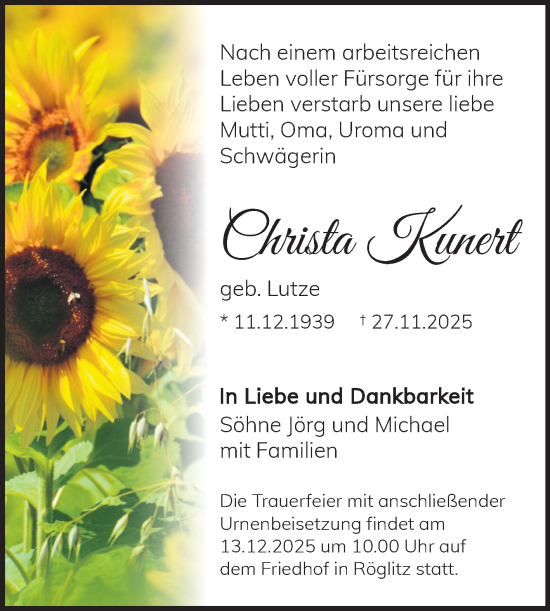 Traueranzeige von Christa Kunert von Trauerkombi Merseburg