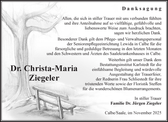 Traueranzeige von Christa-Maria Ziegeler von Volksstimme Schönebeck