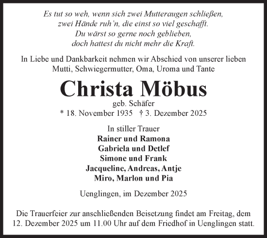 Traueranzeige von Christa Möbus von Volksstimme Altmark Ost