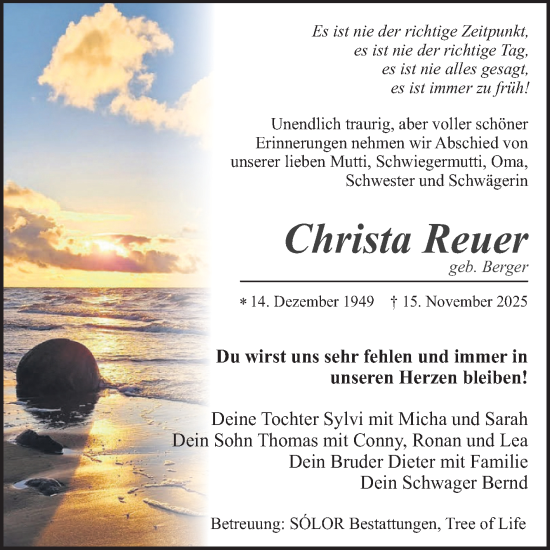 Traueranzeige von Christa Reuer von Volksstimme Magdeburg