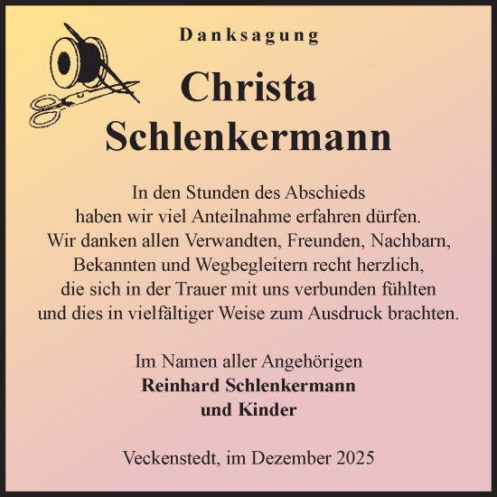 Traueranzeige von Christa Schlenkermann von Volksstimme Wernigerode