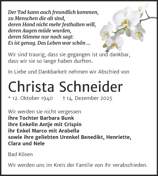 Traueranzeige von Christa Schneider von Naumburger Tageblatt