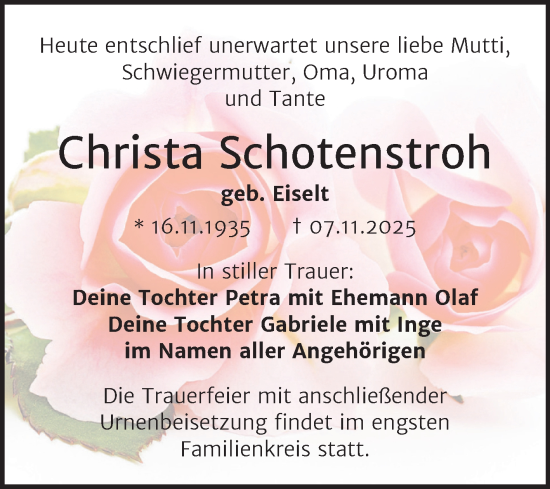 Traueranzeige von Christa Schotenstroh von Trauerkombi Dessau