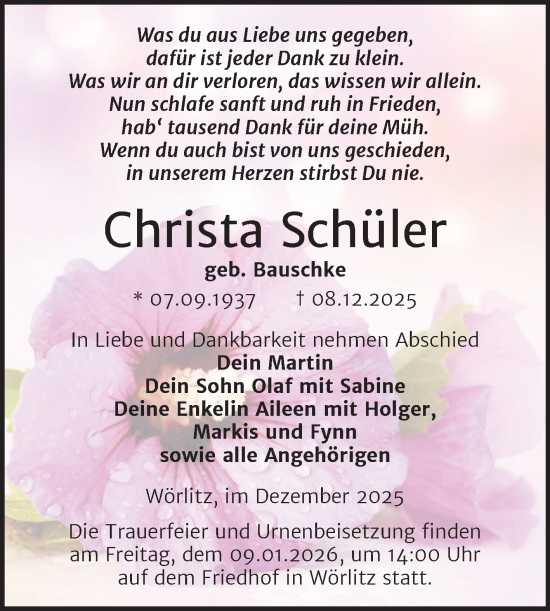 Traueranzeige von Christa Schüler von Trauerkombi Wittenberg