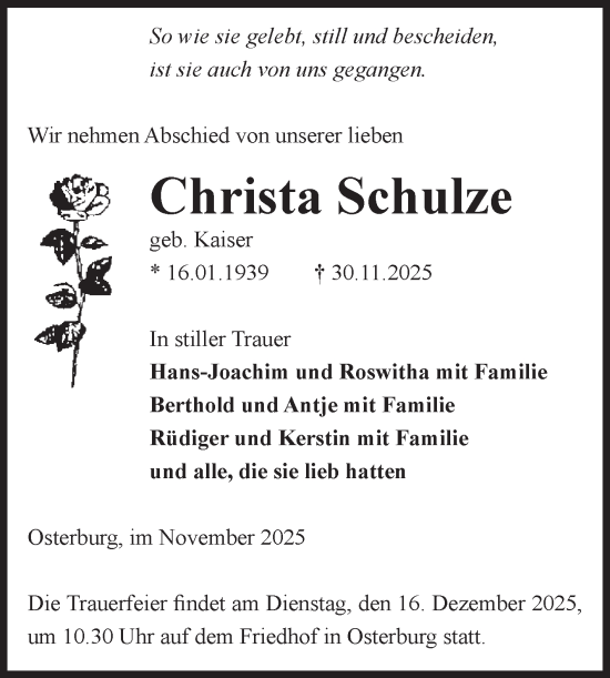 Traueranzeige von Christa Schulze von Volksstimme Altmark Ost