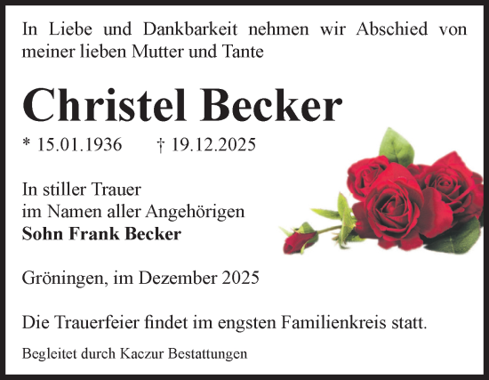 Traueranzeige von Christel Becker von Volksstimme Oschersleben/Wanzleben