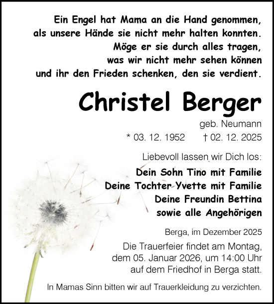Traueranzeige von Christel Berger von Trauerkombi Sangerhausen