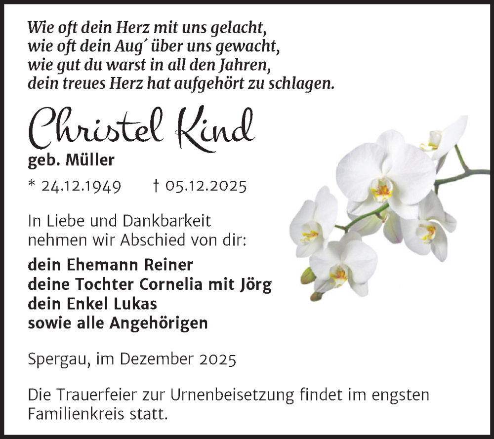  Traueranzeige für Christel Kind vom 13.12.2025 aus Trauerkombi Merseburg