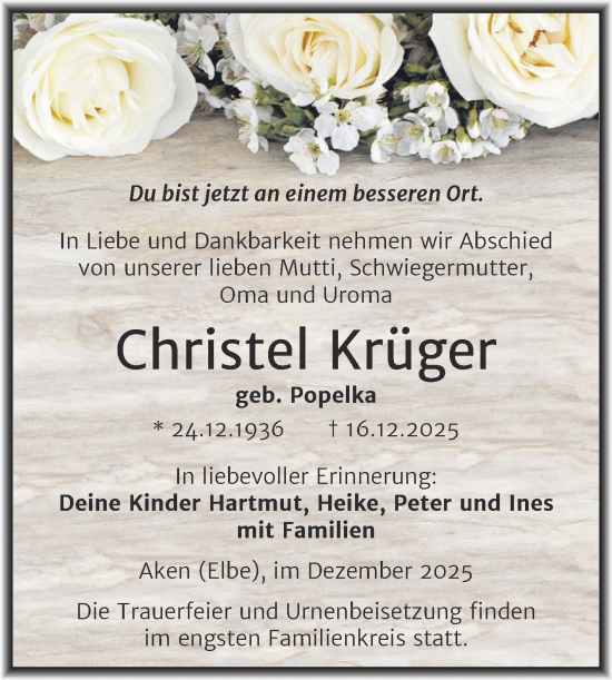 Traueranzeige von Christel Krüger von Trauerkombi Köthen