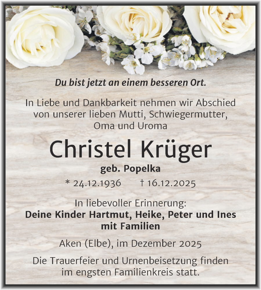  Traueranzeige für Christel Krüger vom 27.12.2025 aus Trauerkombi Köthen