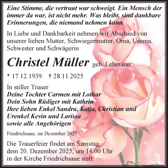 Traueranzeige von Christel Müller von Trauerkombi Aschersleben