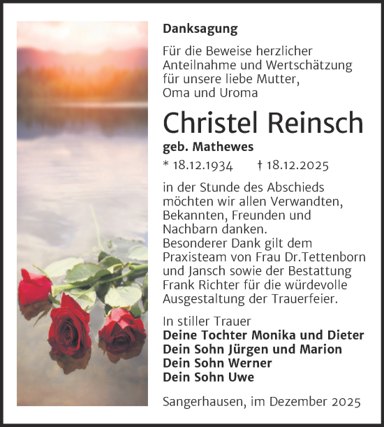 Traueranzeige von Christel Reinsch von Trauerkombi Sangerhausen