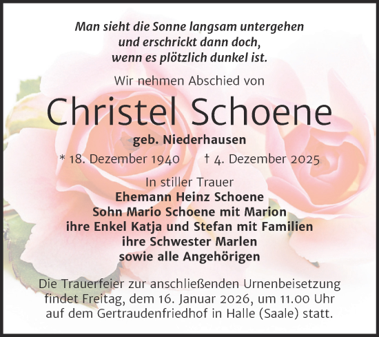 Traueranzeige von Christel Schoene von Mitteldeutsche Zeitung Halle/Saalkreis