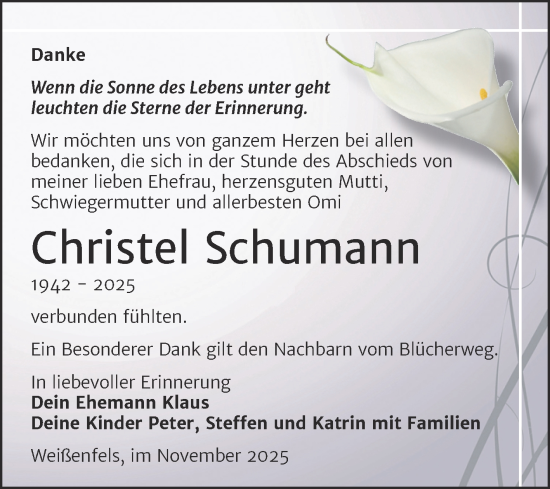 Traueranzeige von Christel Schumann von Trauerkombi Weißenfels