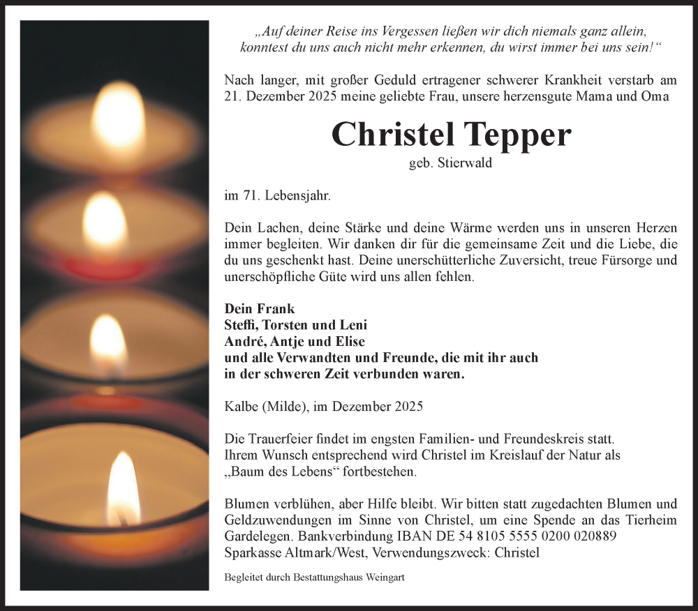  Traueranzeige für Christel Tepper vom 30.12.2025 aus Volksstimme Altmark West
