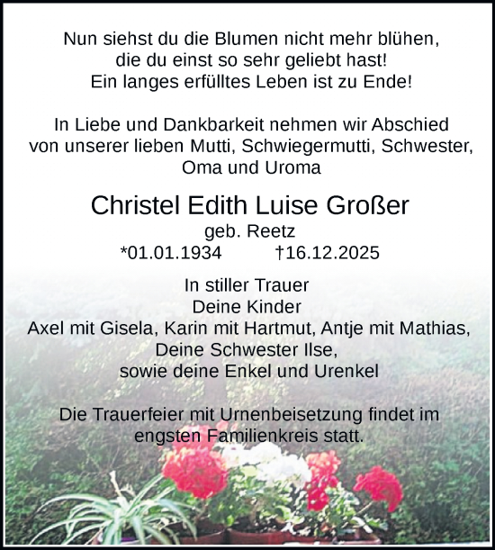 Traueranzeige von Christel Edith Luise Großer von Naumburger Tageblatt