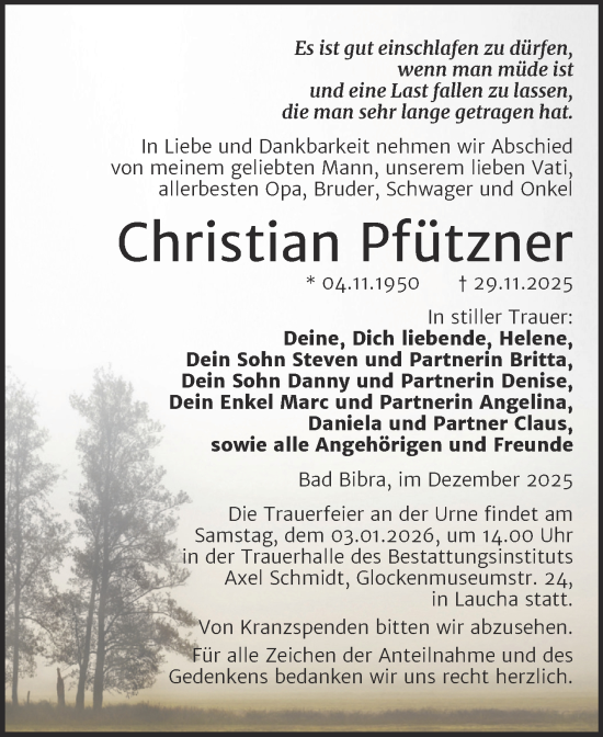 Traueranzeige von Christian Pfützner von Super Sonntag Naumburg/Nebra