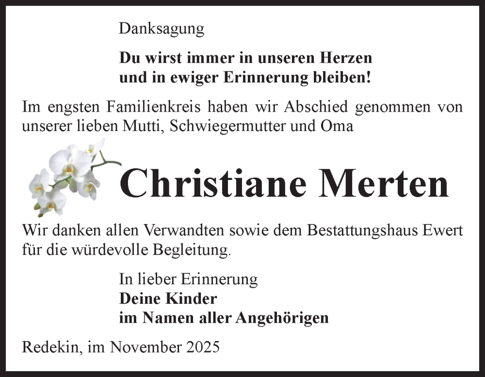  Traueranzeige für Christiane Merten vom 29.11.2025 aus Volksstimme Burg/Genthin