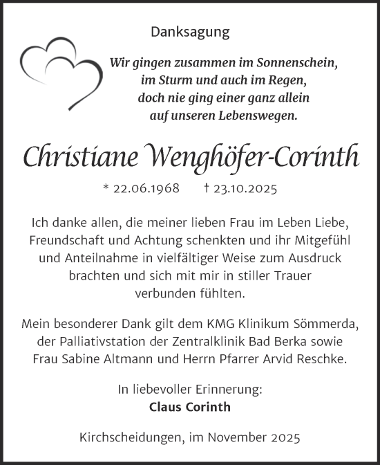 Traueranzeige von Christiane Wenghöfer-Corinth von Super Sonntag Naumburg/Nebra
