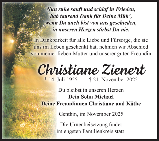 Traueranzeige von Christiane Zienert von Volksstimme Burg/Genthin