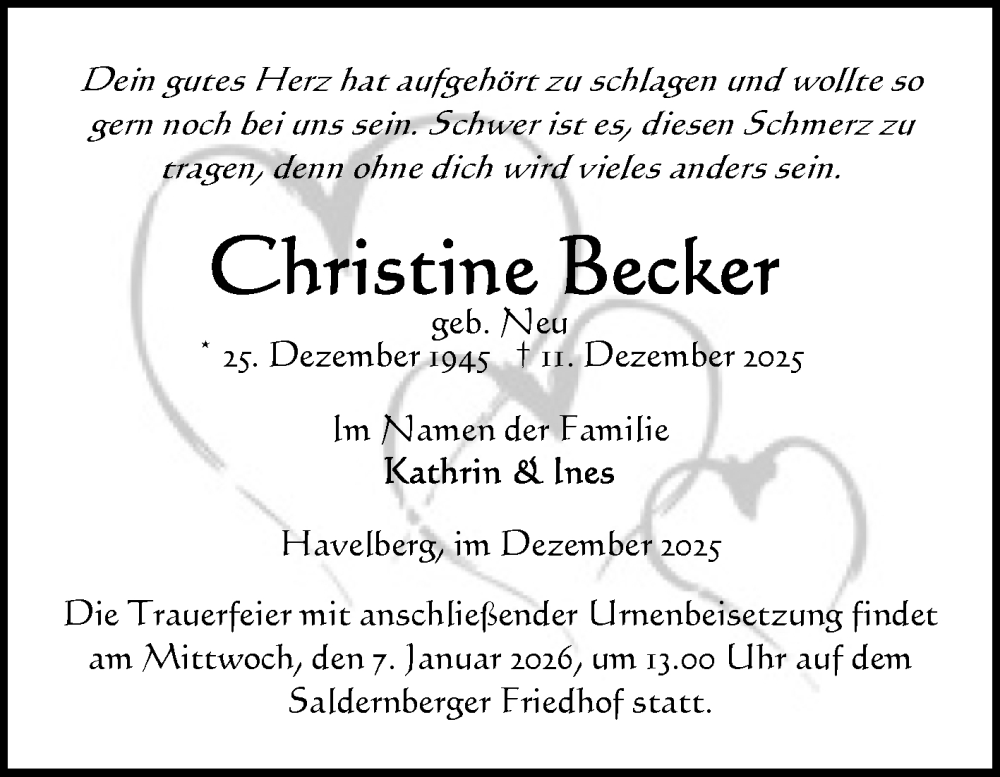  Traueranzeige für Christine Becker vom 20.12.2025 aus Volksstimme Altmark Ost