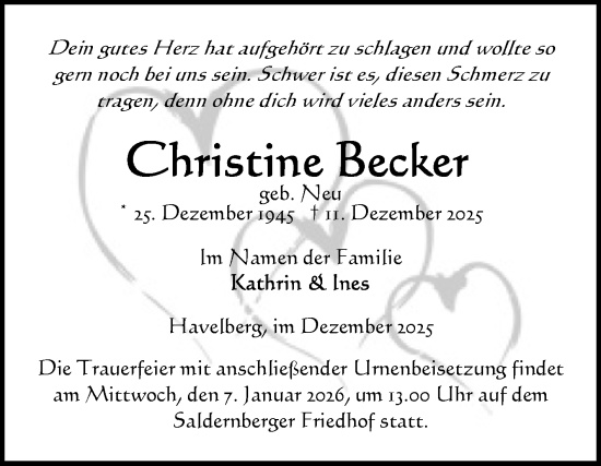Traueranzeige von Christine Becker von Volksstimme Altmark Ost