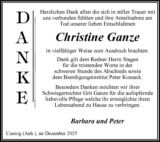 Traueranzeige von Christine Ganze von Trauerkombi Wittenberg