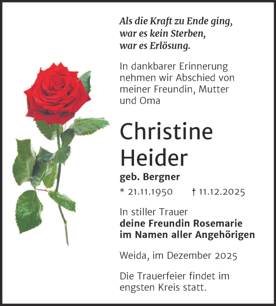 Traueranzeige von Christine Heider von Super Sonntag Zeitz