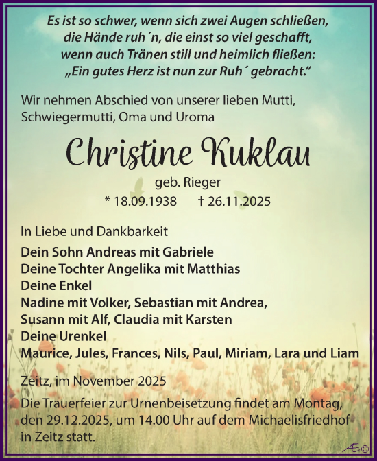 Traueranzeige von Christine Kuklau von Trauerkombi Zeitz