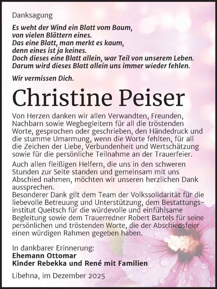  Traueranzeige für Christine Peiser vom 27.12.2025 aus Trauerkombi Köthen