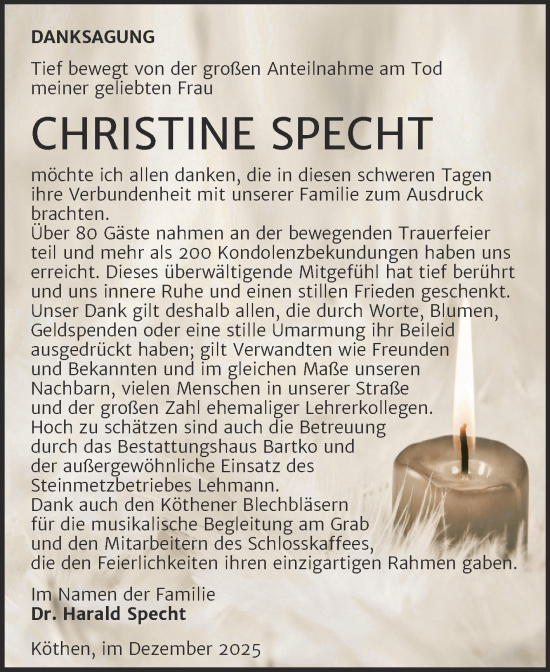 Traueranzeige von Christine Specht von Trauerkombi Köthen