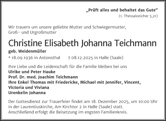 Traueranzeige von Christine Elisabeth Johanna Teichmann von Mitteldeutsche Zeitung Halle/Saalkreis