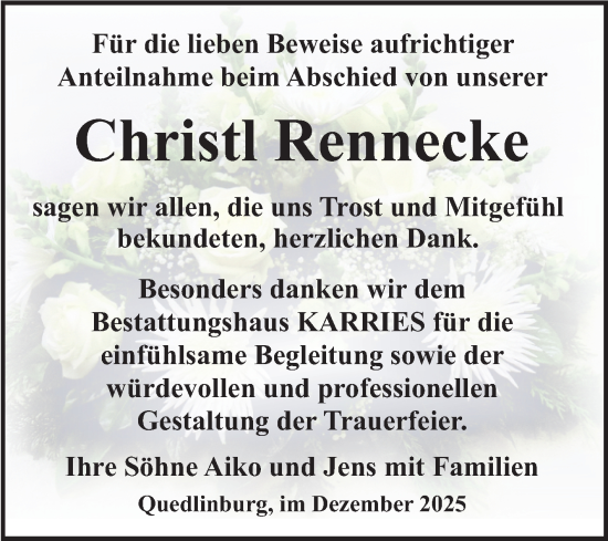 Traueranzeige von Christl Rennecke von Trauerkombi Quedlinburg