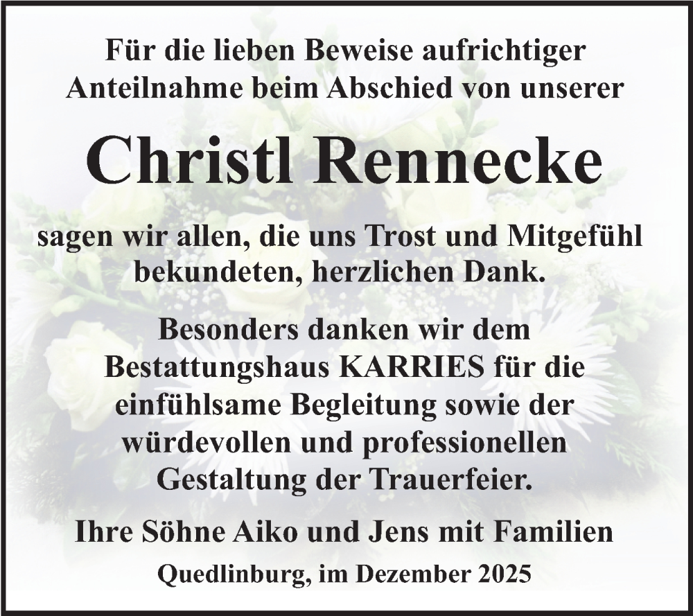  Traueranzeige für Christl Rennecke vom 20.12.2025 aus Trauerkombi Quedlinburg