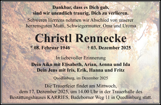 Traueranzeige von Christl Rennecke von Trauerkombi Quedlinburg