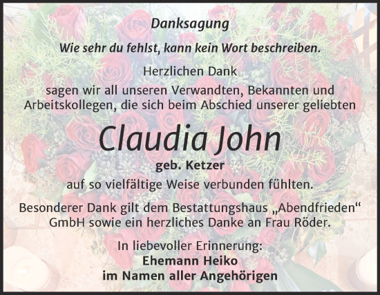 Traueranzeige von Claudia John von Trauerkombi Merseburg