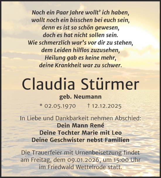 Traueranzeige von Claudia Stürmer von Trauerkombi Sangerhausen