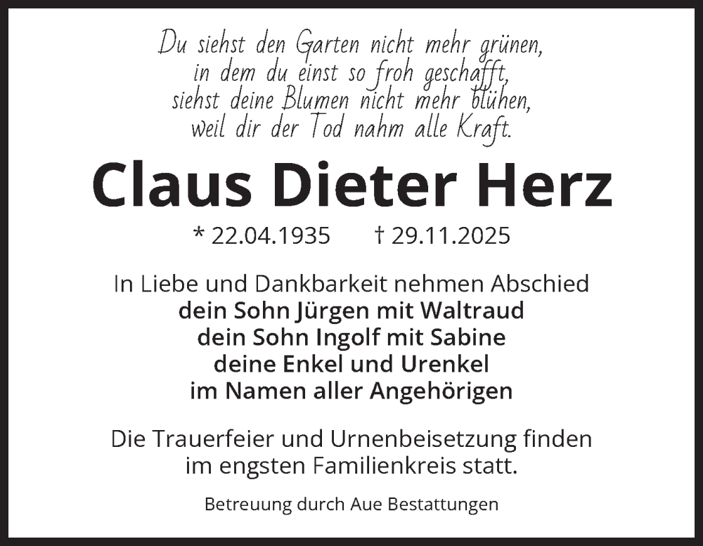  Traueranzeige für Claus Dieter Herz vom 06.12.2025 aus Volksstimme Magdeburg