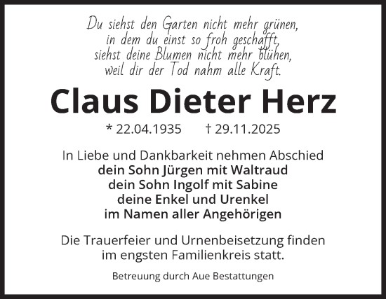 Traueranzeige von Claus Dieter Herz von Volksstimme Magdeburg