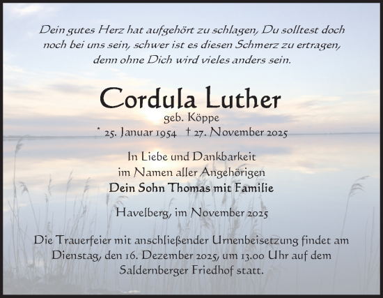 Traueranzeige von Cordula Luther von Volksstimme Altmark Ost