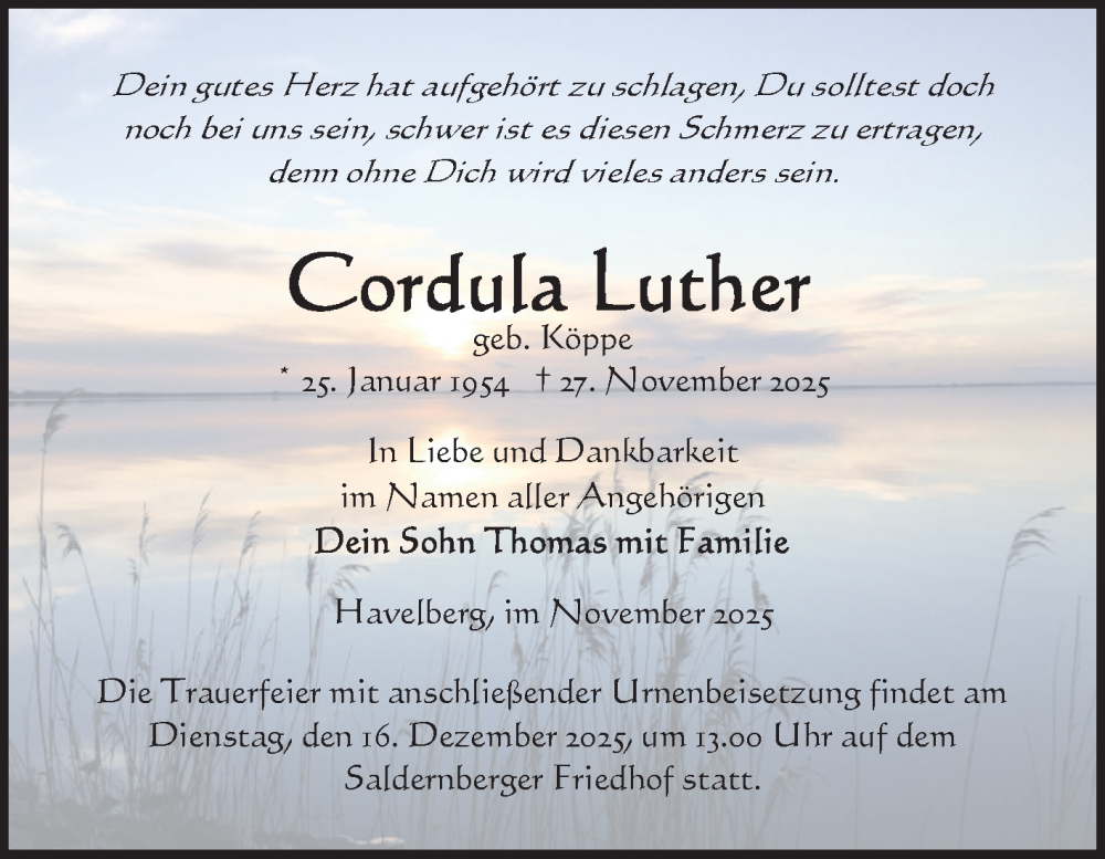  Traueranzeige für Cordula Luther vom 05.12.2025 aus Volksstimme Altmark Ost