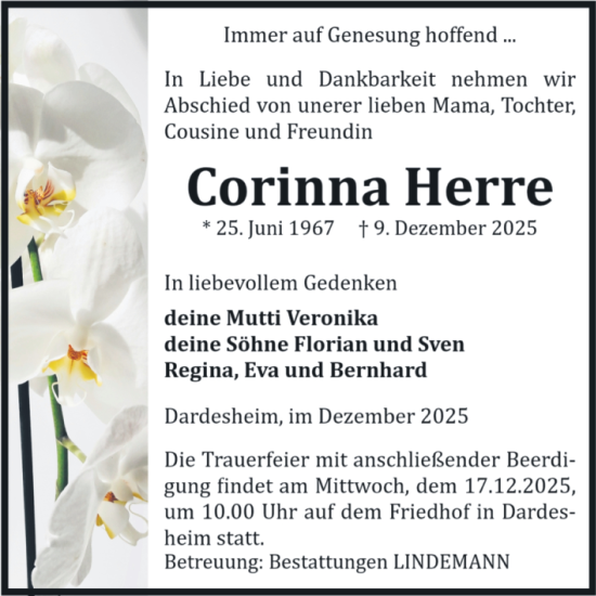 Traueranzeige von Corinna Herre von Volksstimme Halberstadt