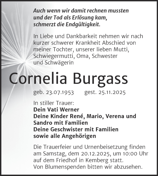 Traueranzeige von Cornelia Burgass von Trauerkombi Wittenberg