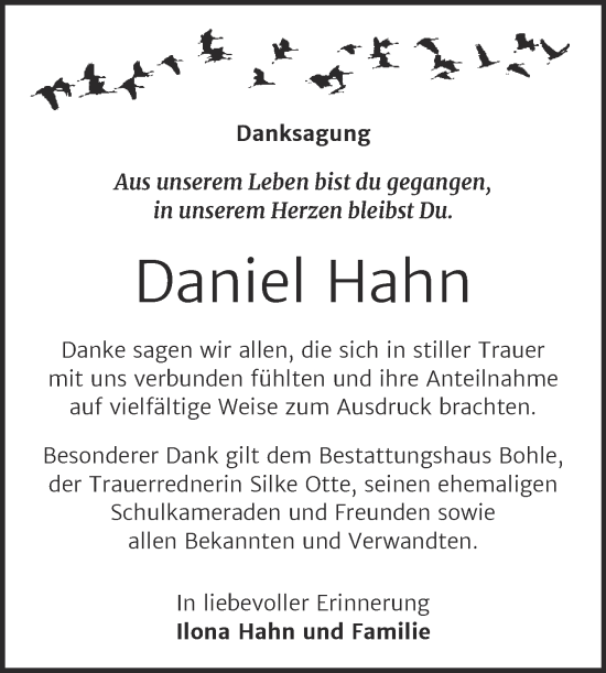 Traueranzeige von Daniel Hahn von Trauerkombi Merseburg