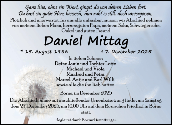Traueranzeige von Daniel Mittag von Volksstimme Staßfurt