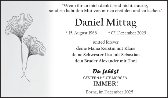 Traueranzeige von Daniel Mittag von Volksstimme Staßfurt