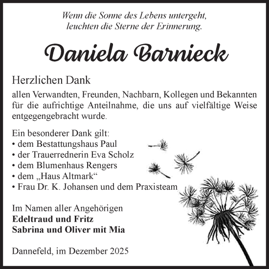 Traueranzeige von Daniela Barnieck von Volksstimme Altmark West
