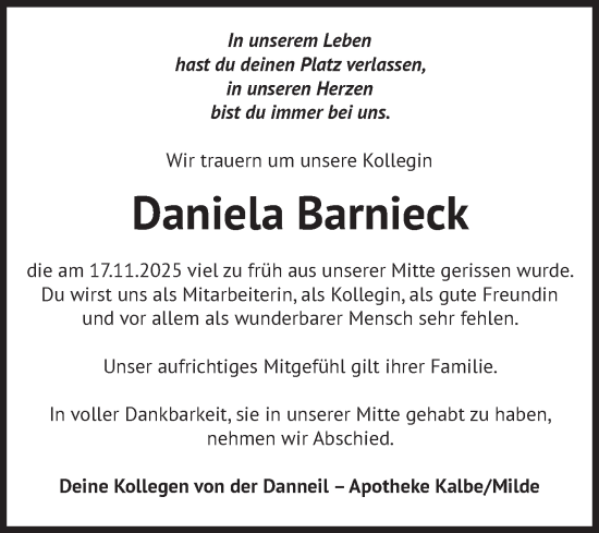 Traueranzeige von Daniela Barnieck von Volksstimme Altmark West