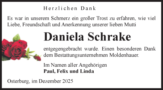 Traueranzeige von Daniela Schrake von Volksstimme Altmark Ost
