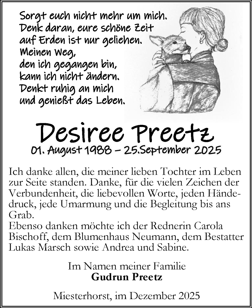  Traueranzeige für Desiree Preetz vom 06.12.2025 aus Volksstimme Altmark West